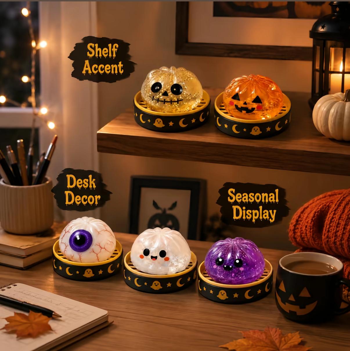 Halloween Glitter Spooky Dumpling Squishy Stress Ball with Steamer Base | Cute Sensory Fidget Toy & Fall Desk Decor Gift