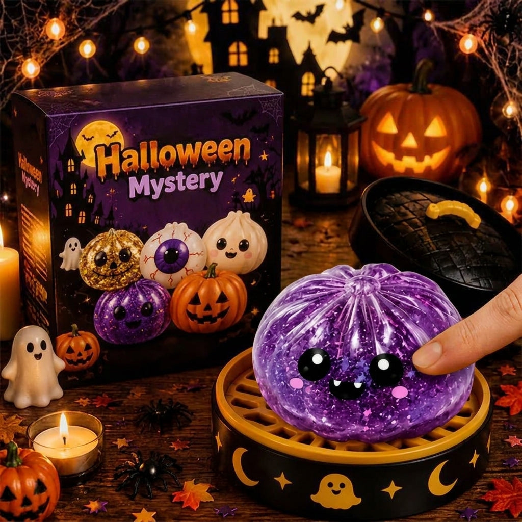 Halloween Glitter Spooky Dumpling Squishy Stress Ball with Steamer Base | Cute Sensory Fidget Toy & Fall Desk Decor Gift