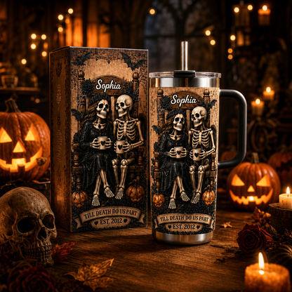 💀🦇Till Death Do Us Part Skeleton Couple 40oz Handle Tumbler | Personalized Halloween Tumbler For Couple🎃