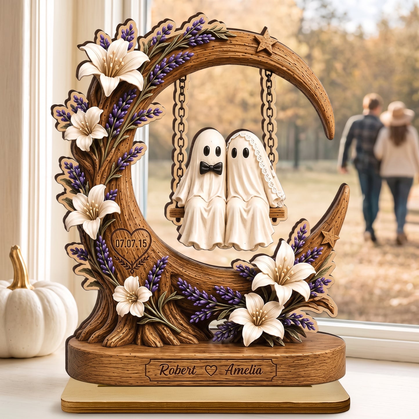 Personalized Ghost Couple Moon Swing Wooden Plaque, Custom Name Anniversary Wedding Decor