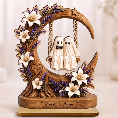 Personalized Ghost Couple Moon Swing Wooden Plaque, Custom Name Anniversary Wedding Decor
