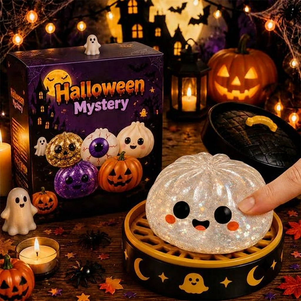 Halloween Glitter Spooky Dumpling Squishy Stress Ball with Steamer Base | Cute Sensory Fidget Toy & Fall Desk Decor Gift