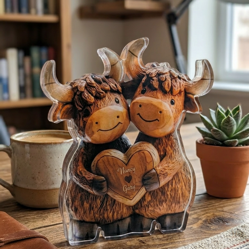 Cute Highland Cow Couple - Personalized Highland Cow Custom Shaped Acrylic Plaque