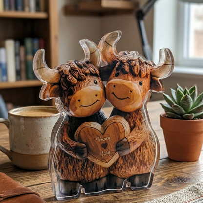 Cute Highland Cow Couple - Personalized Highland Cow Custom Shaped Acrylic Plaque