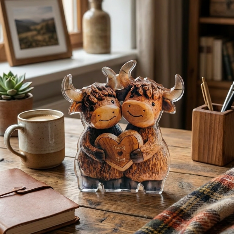 Cute Highland Cow Couple - Personalized Highland Cow Custom Shaped Acrylic Plaque