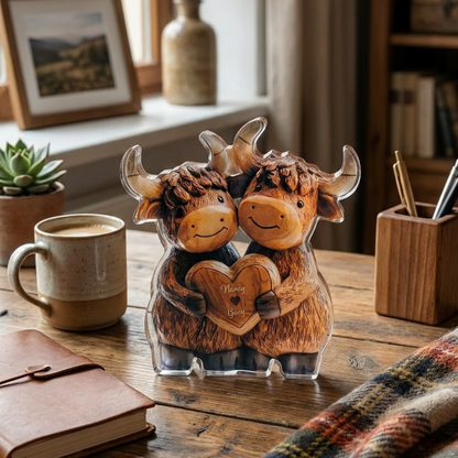 Cute Highland Cow Couple - Personalized Highland Cow Custom Shaped Acrylic Plaque