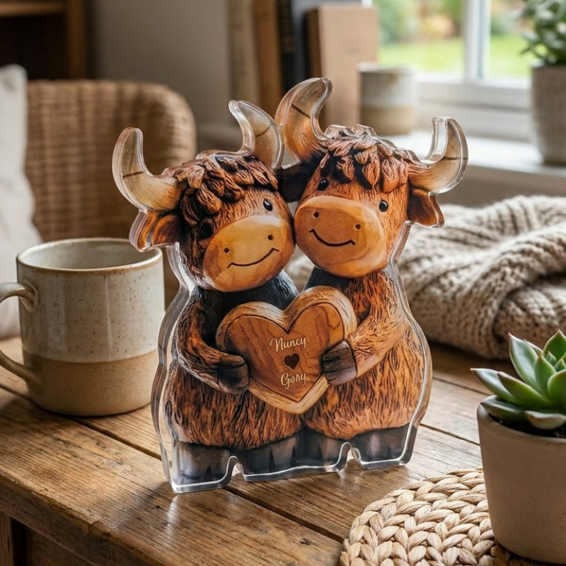 Cute Highland Cow Couple - Personalized Highland Cow Custom Shaped Acrylic Plaque