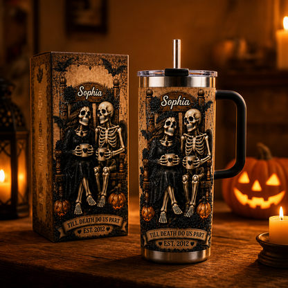 💀🦇Till Death Do Us Part Skeleton Couple 40oz Handle Tumbler | Personalized Halloween Tumbler For Couple🎃