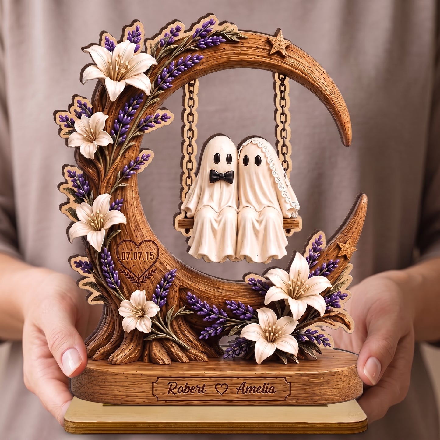 Personalized Ghost Couple Moon Swing Wooden Plaque, Custom Name Anniversary Wedding Decor