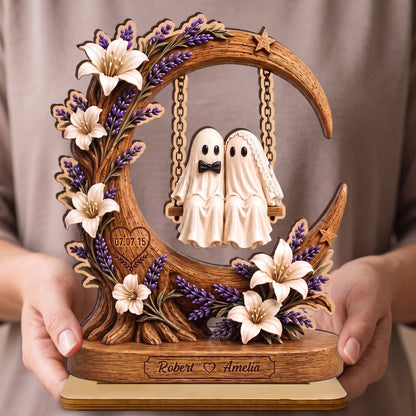 Personalized Ghost Couple Moon Swing Wooden Plaque, Custom Name Anniversary Wedding Decor