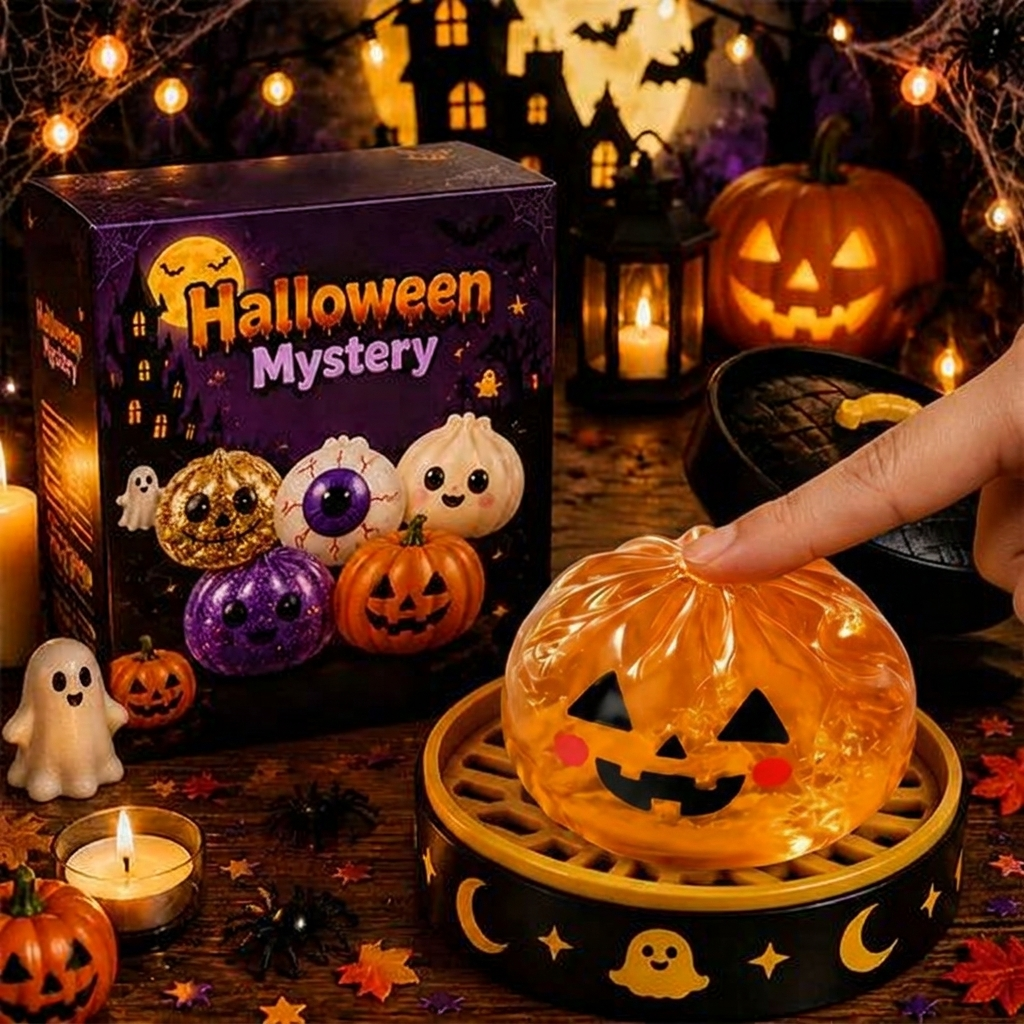 Halloween Glitter Spooky Dumpling Squishy Stress Ball with Steamer Base | Cute Sensory Fidget Toy & Fall Desk Decor Gift