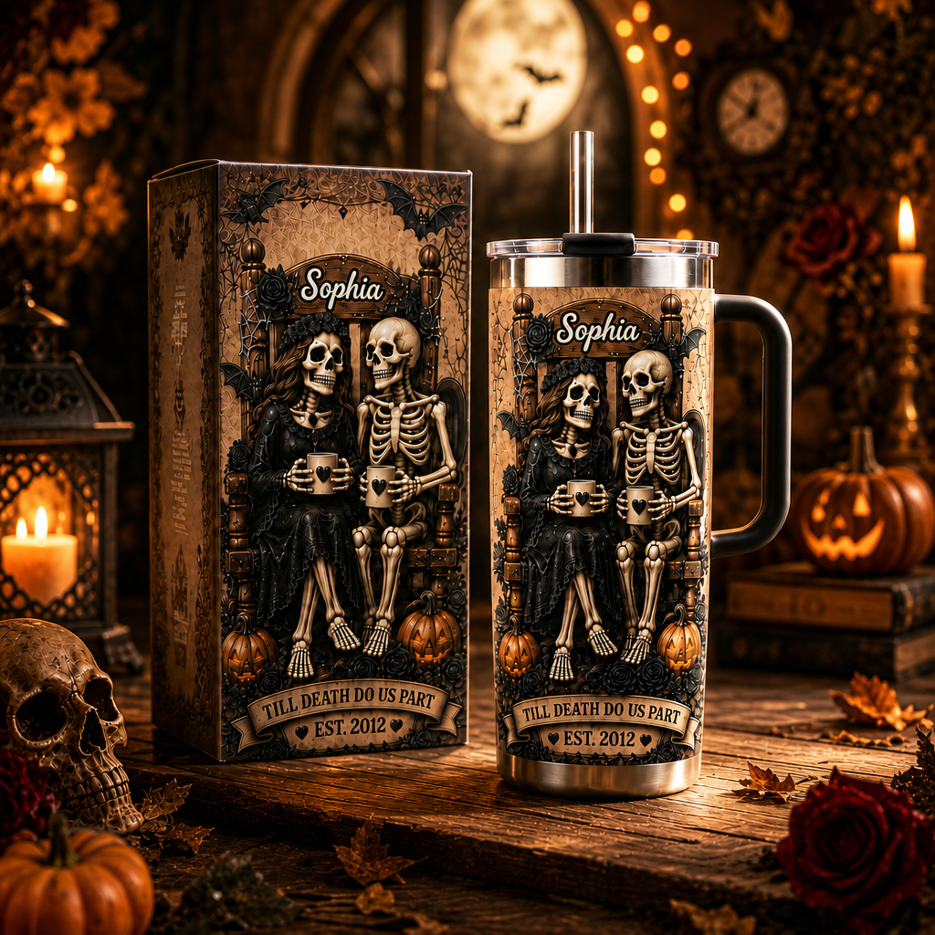 💀🦇Till Death Do Us Part Skeleton Couple 40oz Handle Tumbler | Personalized Halloween Tumbler For Couple🎃