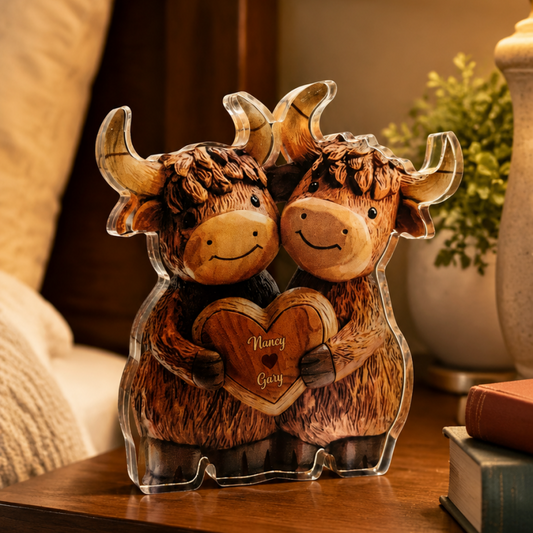 Cute Highland Cow Couple - Personalized Highland Cow Custom Shaped Acrylic Plaque