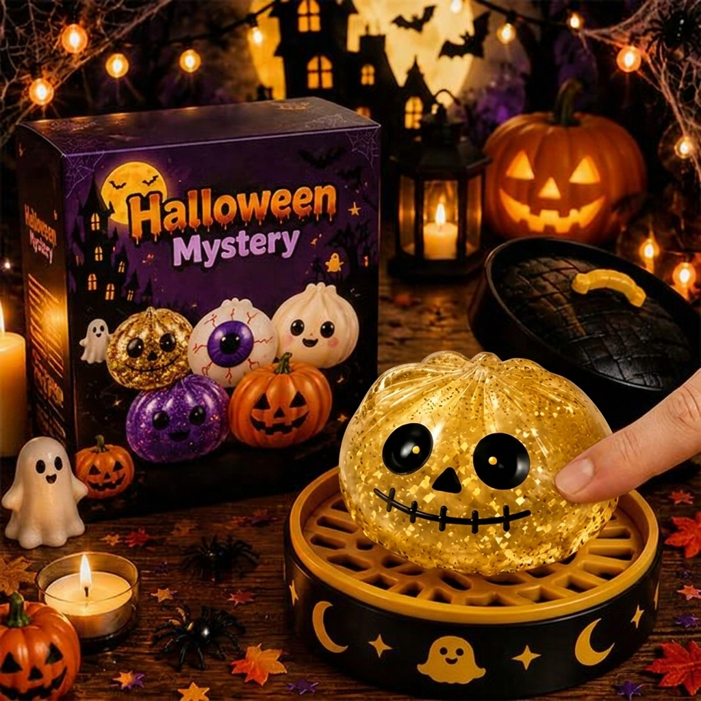 Halloween Glitter Spooky Dumpling Squishy Stress Ball with Steamer Base | Cute Sensory Fidget Toy & Fall Desk Decor Gift