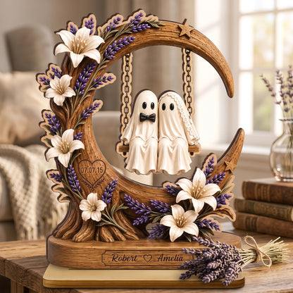 Personalized Ghost Couple Moon Swing Wooden Plaque, Custom Name Anniversary Wedding Decor