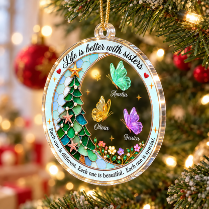 Personalized Sisters Christmas Ornament, Custom Butterfly Names Acrylic Ornament, Life Is Better With Sisters Gift, Christmas Tree Decoration Ornament