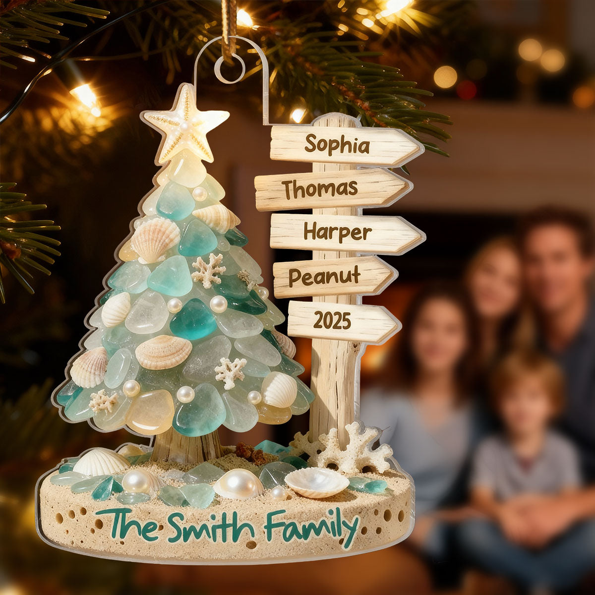 3D Sea Glass Effect Christmas Tree Sign Posts - Personalized Acrylic Ornament - Coastal Vibe Christmas Gift
