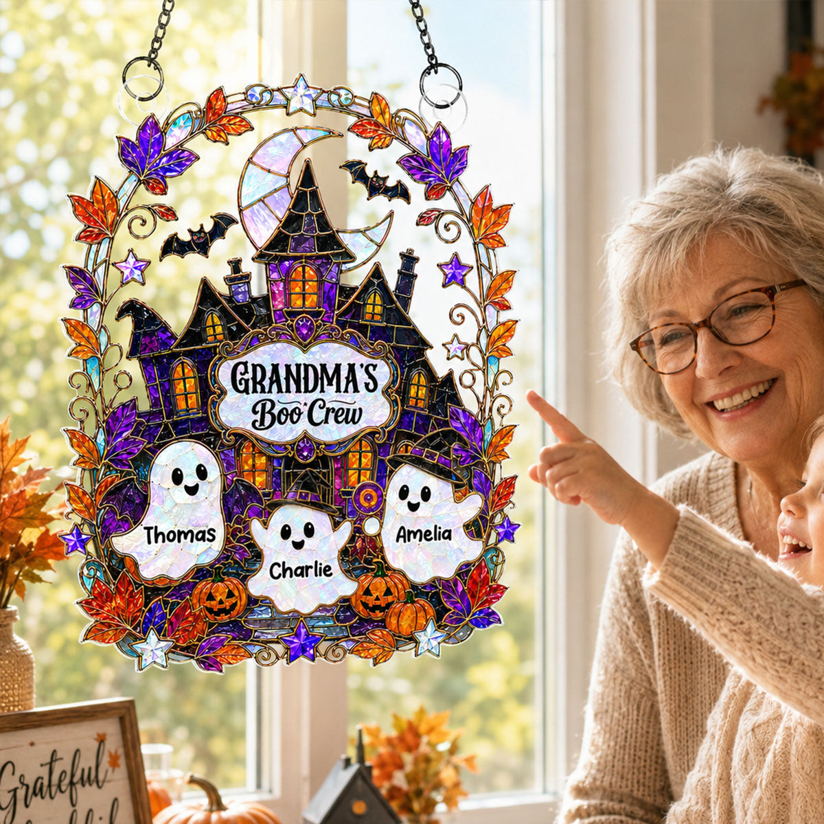 Whimsical Grandma's Boo Crew Haunted House - Personalized Acrylic Suncatcher - Halloween Decoration For Grandma