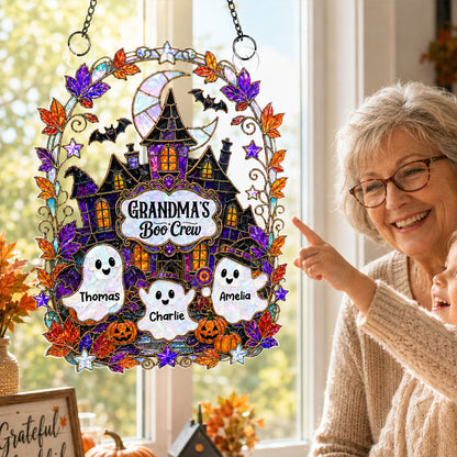 Whimsical Grandma's Boo Crew Haunted House - Personalized Acrylic Suncatcher - Halloween Decoration For Grandma