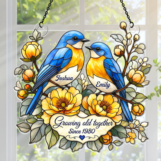 Two Hearts, Two Bluebirds, One Forever - Personalized Acrylic Suncatcher