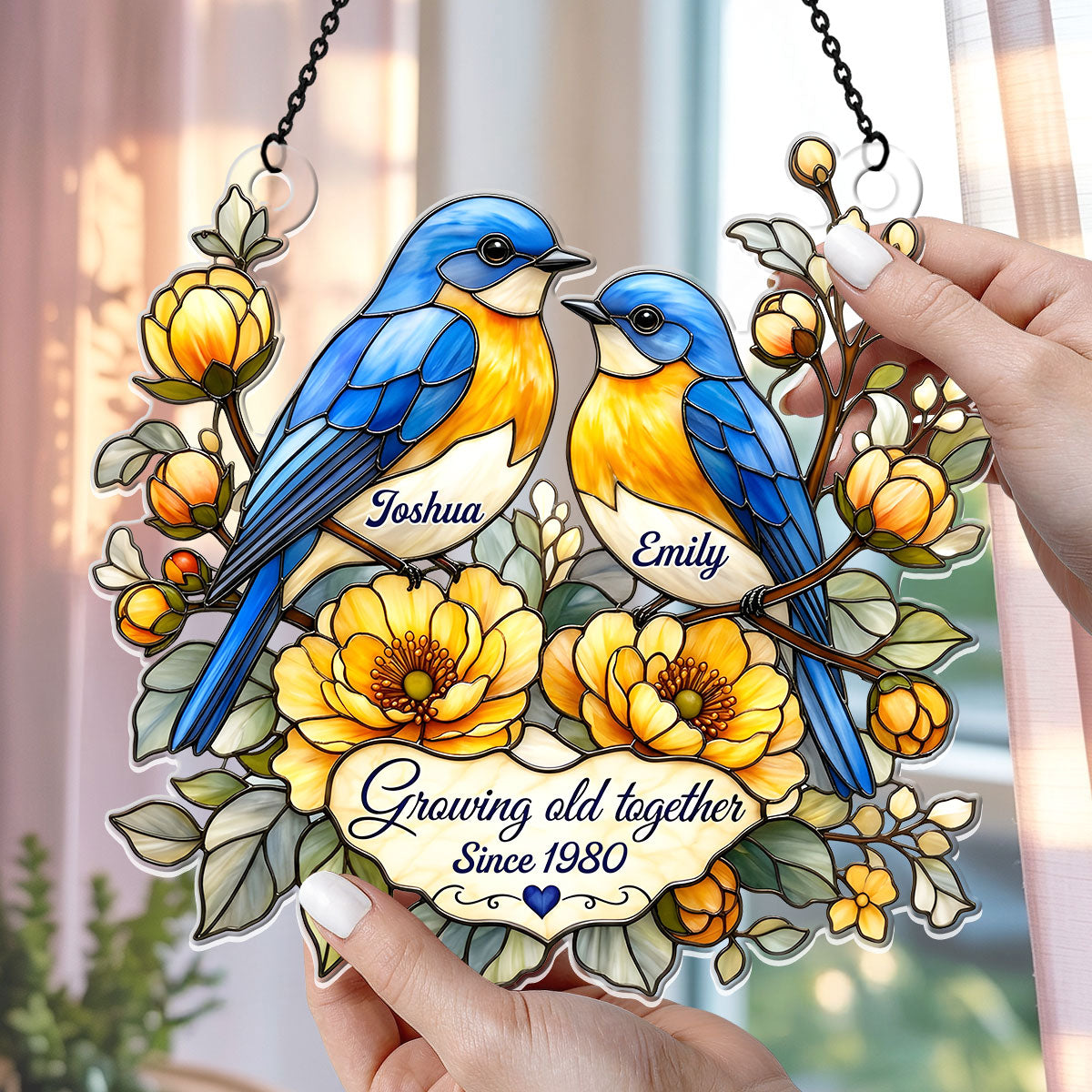 Two Hearts, Two Bluebirds, One Forever - Personalized Acrylic Suncatcher