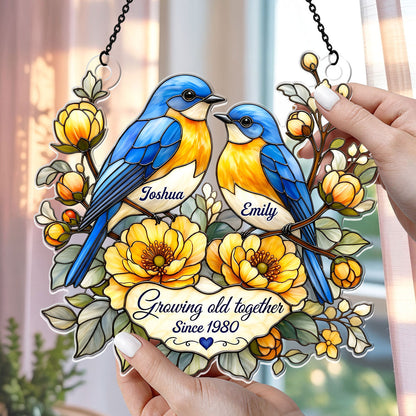 Two Hearts, Two Bluebirds, One Forever - Personalized Acrylic Suncatcher