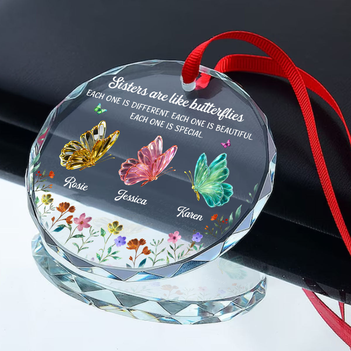 Festive Sister Love - Personalized Round Shaped Glass Ornament