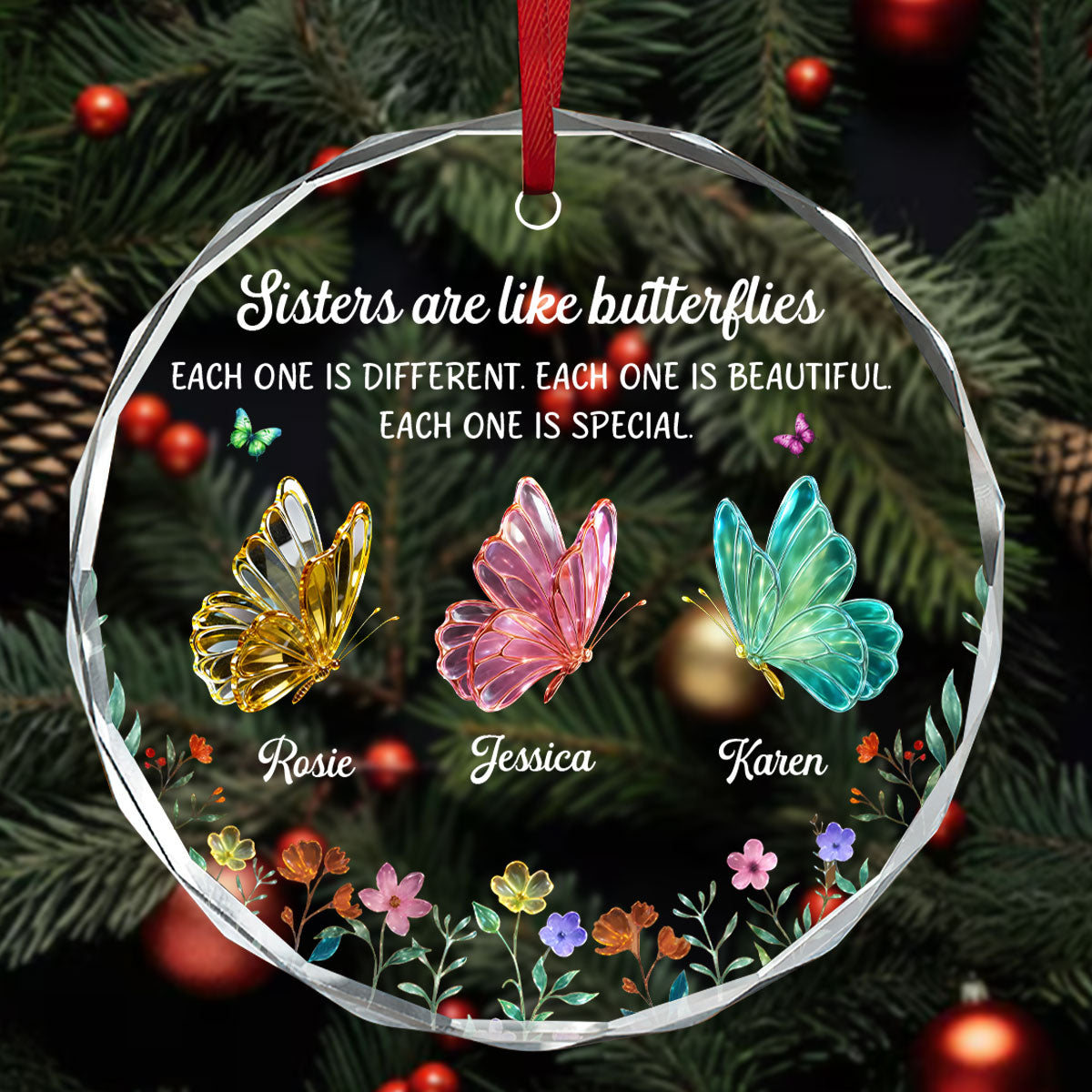 Festive Sister Love - Personalized Round Shaped Glass Ornament
