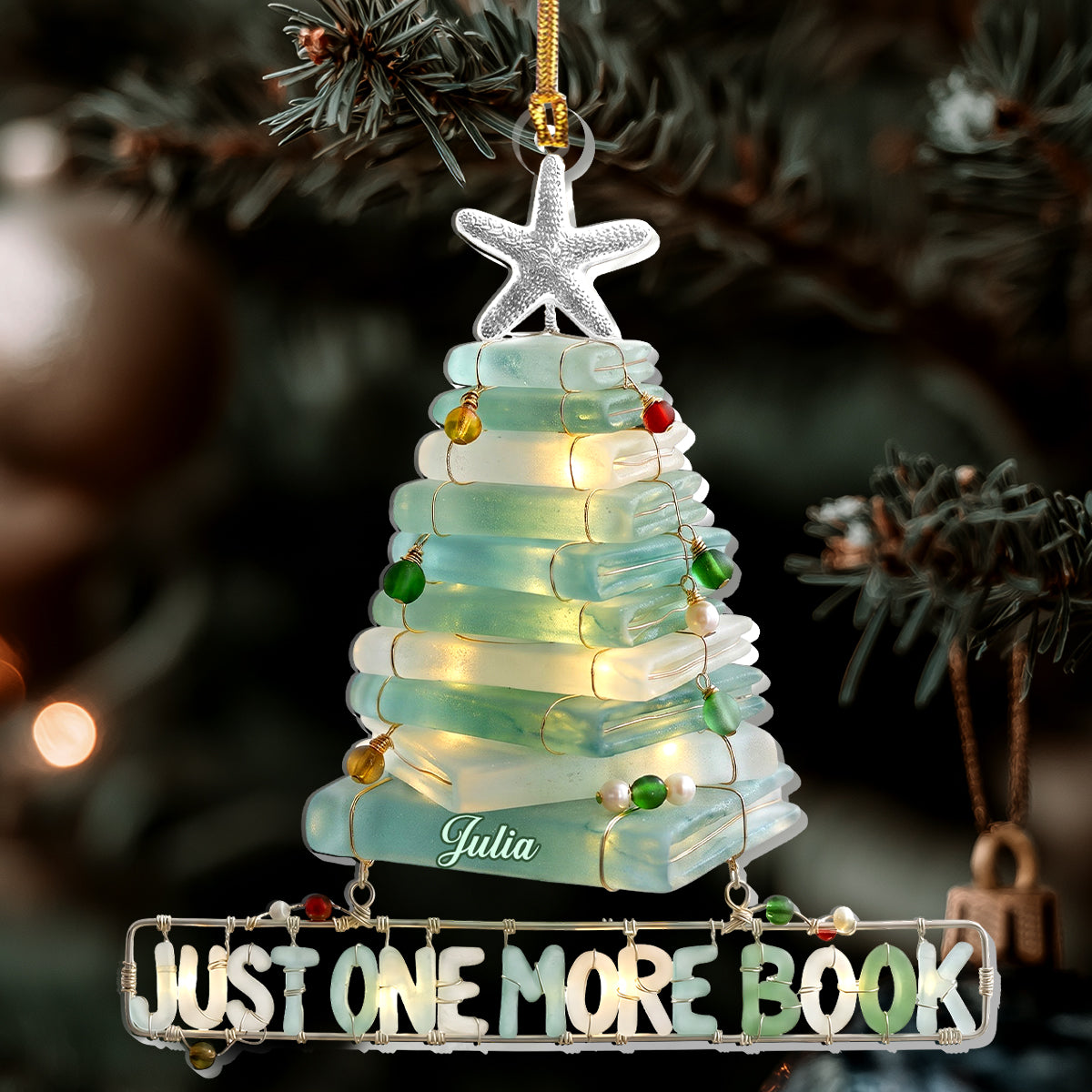 Christmas Book Tree Sea Glass Effect - Personalized 1-Layer Acrylic Ornament