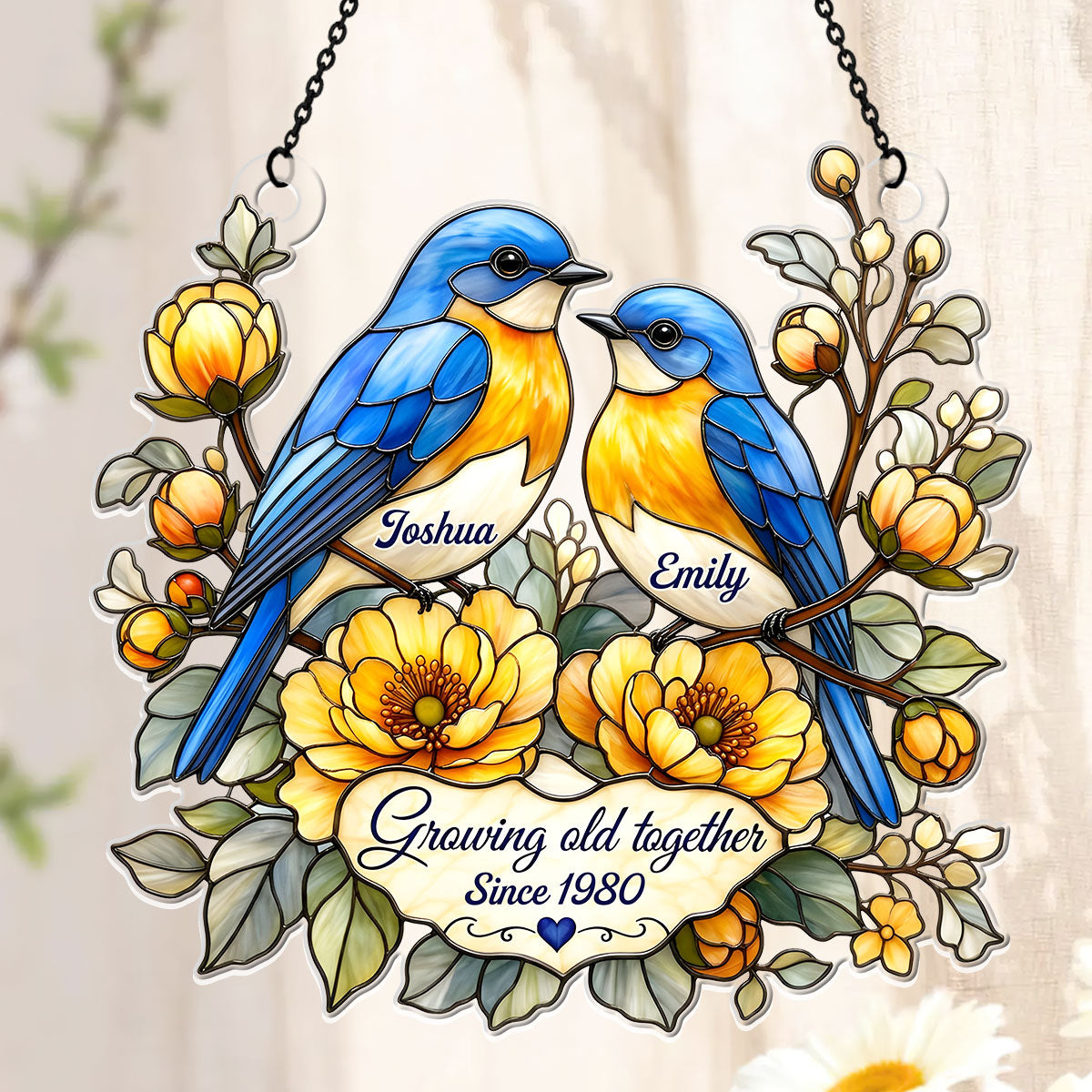 Two Hearts, Two Bluebirds, One Forever - Personalized Acrylic Suncatcher