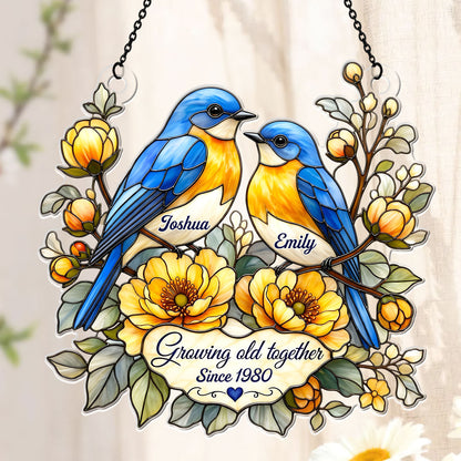 Two Hearts, Two Bluebirds, One Forever - Personalized Acrylic Suncatcher