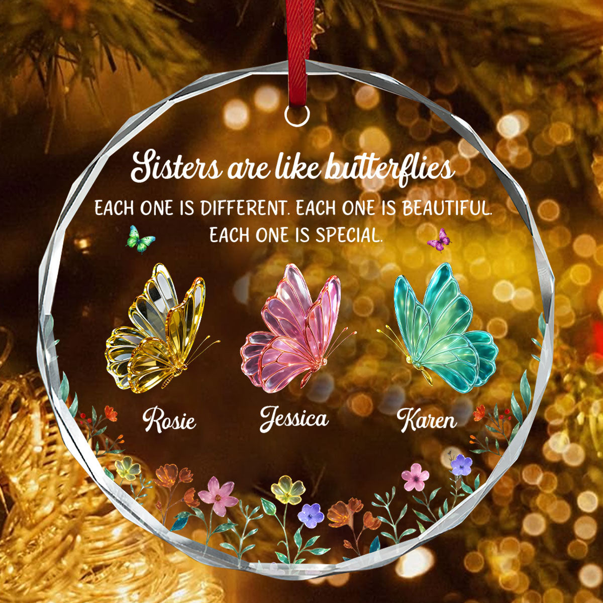 Festive Sister Love - Personalized Round Shaped Glass Ornament