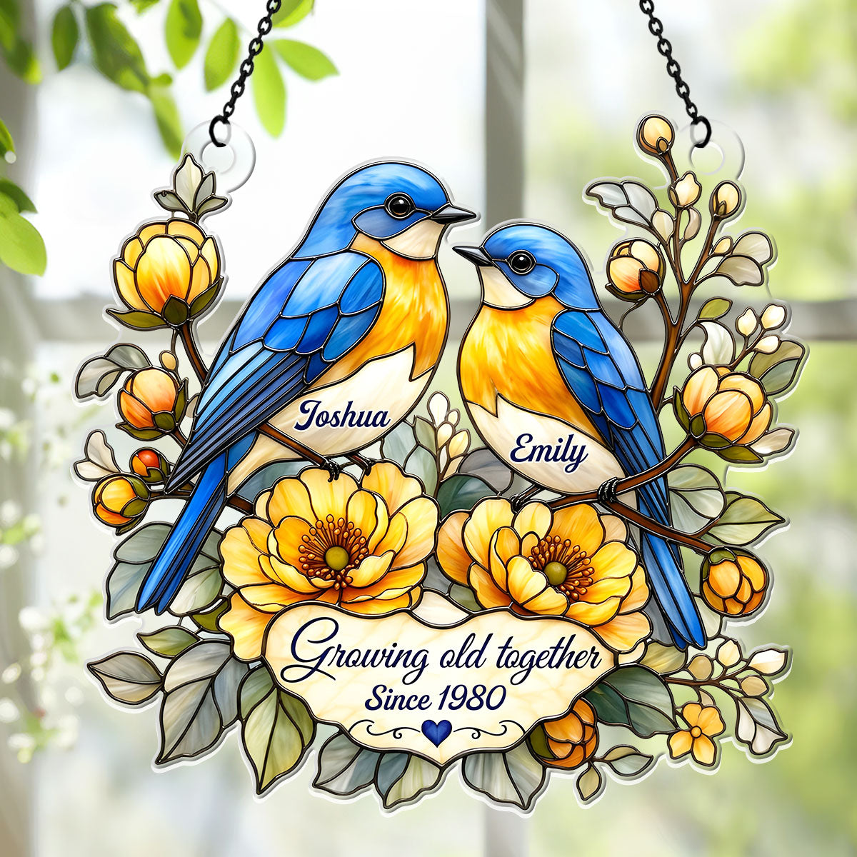 Two Hearts, Two Bluebirds, One Forever - Personalized Acrylic Suncatcher