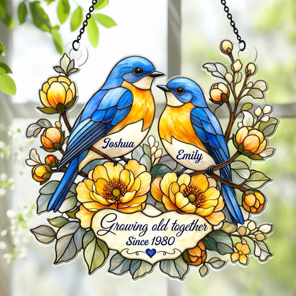 Two Hearts, Two Bluebirds, One Forever - Personalized Acrylic Suncatcher
