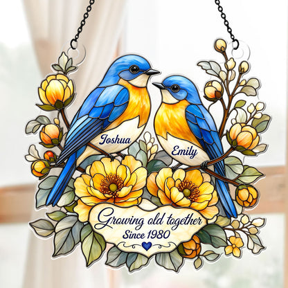 Two Hearts, Two Bluebirds, One Forever - Personalized Acrylic Suncatcher