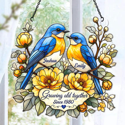 Two Hearts, Two Bluebirds, One Forever - Personalized Acrylic Suncatcher
